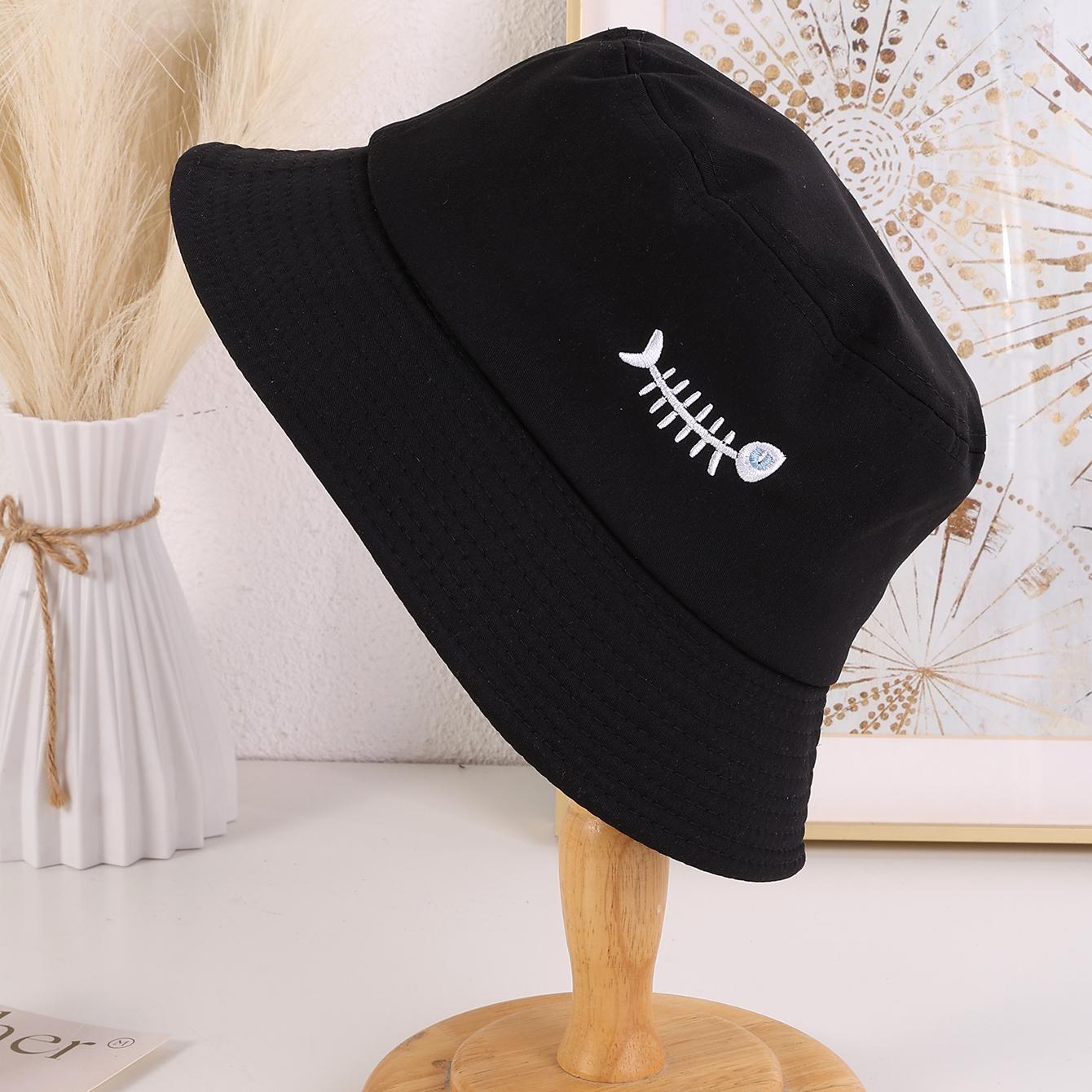 

Cross-border simple embroidered fishbone wide-brimmed fisherman s hat, a versatile and fresh basin hat for spring and autumn One Size