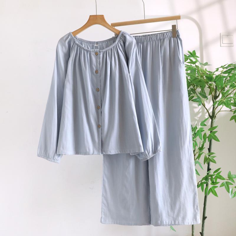 Women's Pure Cotton Gauze Pajama Set - Spring/Summer, Long Sleeve, Nine-Point Pants, Loose Fit, Japanese Style, Solid Color.