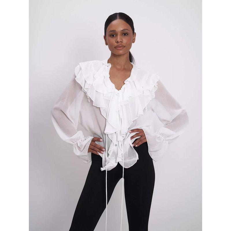 

Топ-блузка с рукавами-буфами в западном стиле, с оборками и V-образным вырезом, просвечивающая, рубашка с V-образным вырезом в виде лепестка лотоса White S