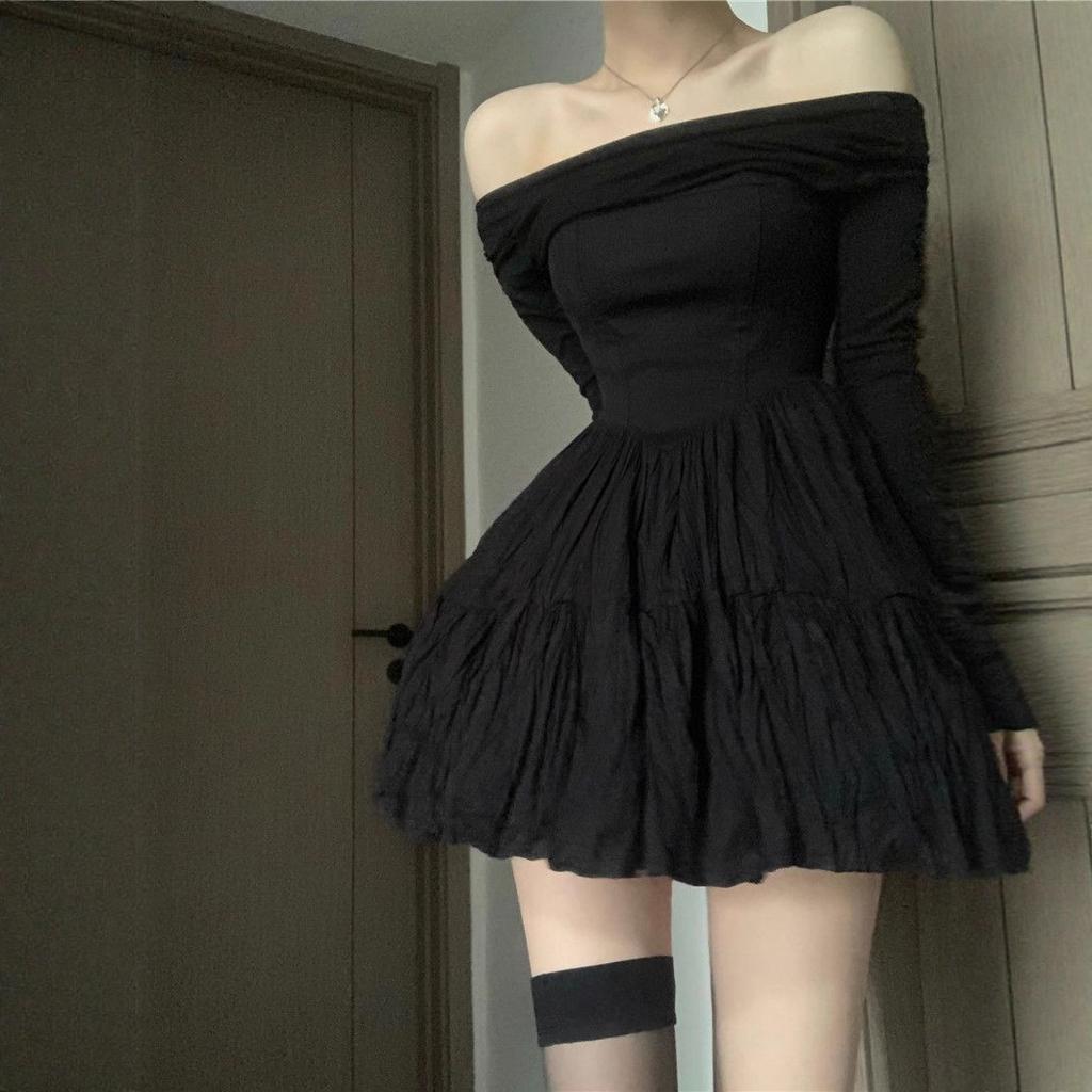 Temperament Socialite High-end Sexy One-word Shoulder Dress Women's New Slim and Thin Tutu Dress Black Birthday Dress