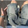 Jeans Trendy Five-point Pants New Ripped Zipper Men's Middle Waist Washing Summer Trend Straight Feet Literary Youth Popular