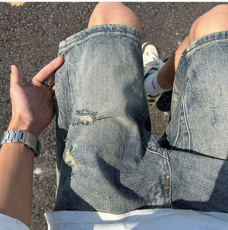 Jeans Trendy Five-point Pants New Ripped Zipper Men's Middle Waist Washing Summer Trend Straight Feet Literary Youth Popular