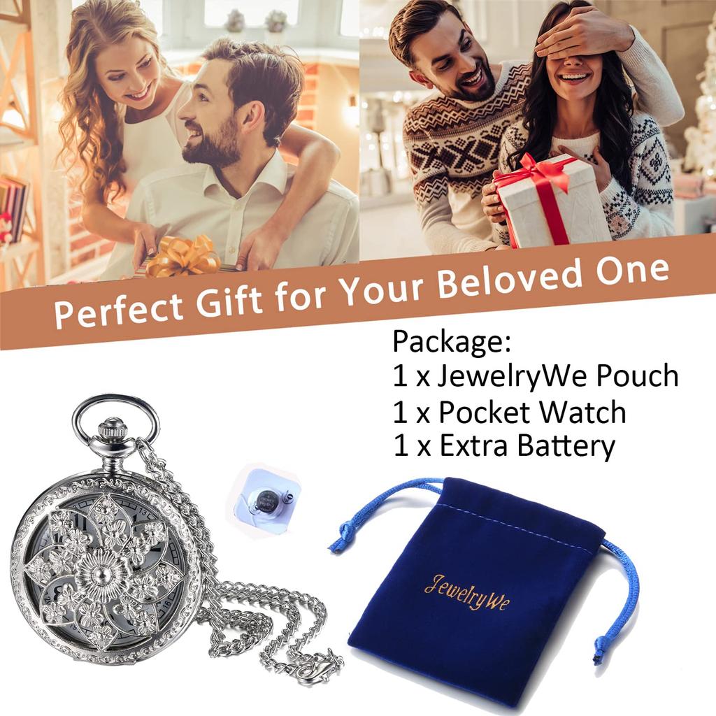 JEWELRYWE Reloj de bolsillo Sasanqua con números analógicos, resistente al agua, con caja de esqueleto, reloj de bolsillo antiguo, colgante, collar, reloj de plata, para uso diario, cosplay