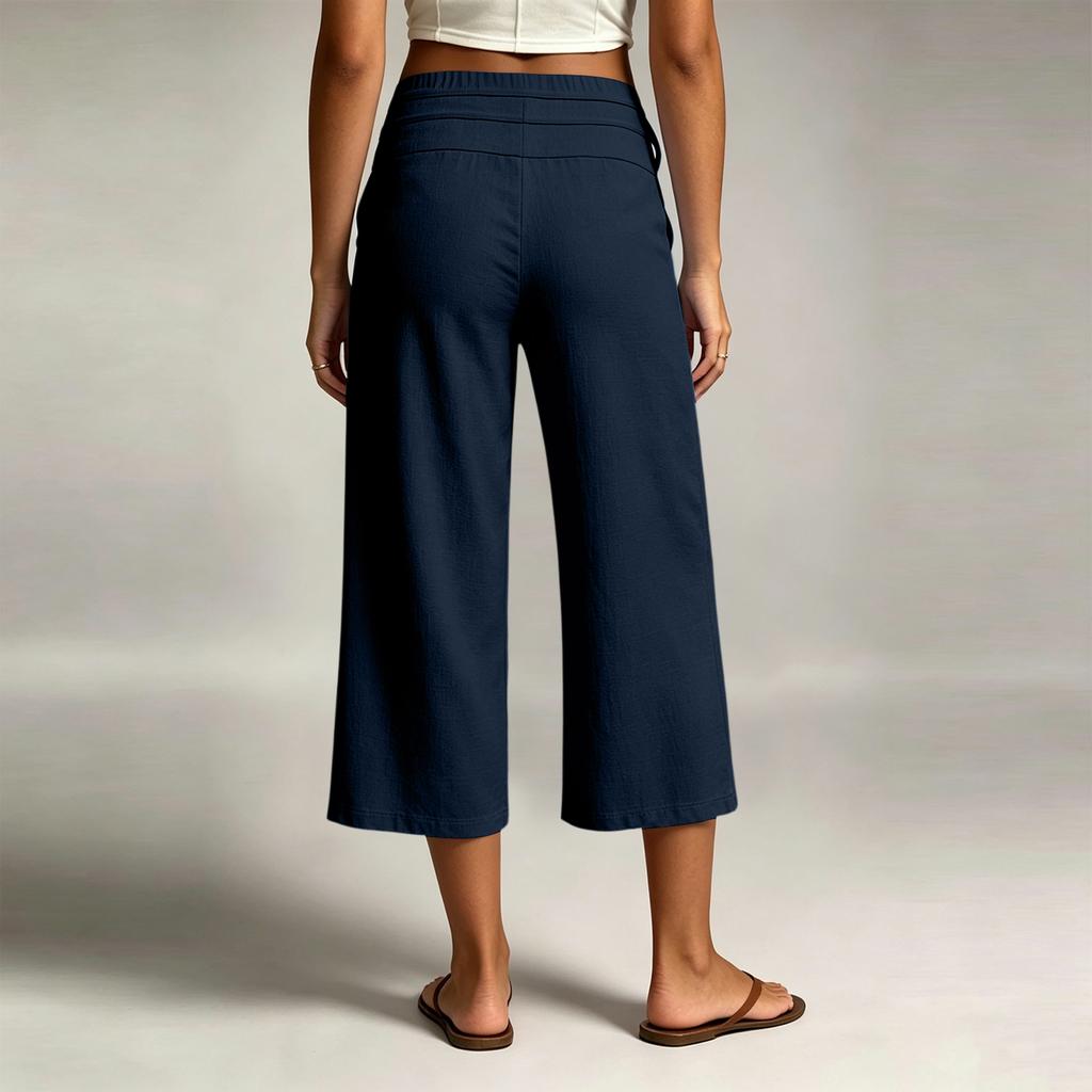 Women Casual Wide Leg Cropped Pants Elastic Waistband Drawstring Loose Fit Capri Trousers Lightweight Breathable Fabric