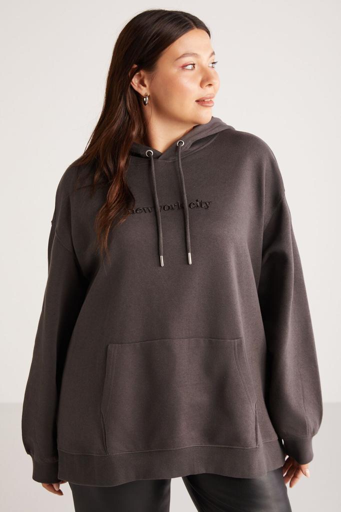 Stil Femei Mărime Mare Hanorac Veronıcabb Fleece Interior Croială Confortabilă Moale Broderie Față Glugă Buzunar Cangur Antracit Mare