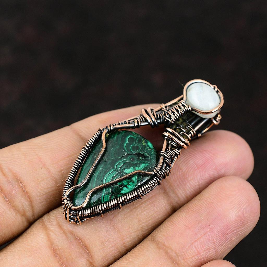 Malachite Copper Pendant Copper Wire Wrapped Pendant Gemstone Pendant Copper Jewelry Rainbow Moonstone Jewelry Gift For Him Designer Pendant