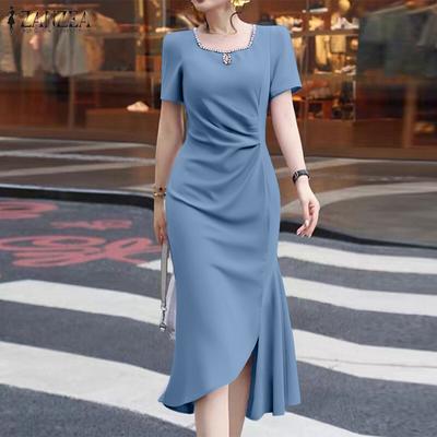 Robe d'été décontractée ajustée à manches courtes et col carré pour femme