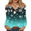Women's Fashionable Casual V-neck Blouse Button Christmas Printed Long-sleeved Pullover T-shirt Top