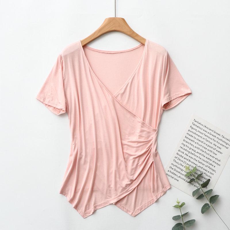 

Женская летняя футболка свободного кроя из модала с V-образным вырезом - короткий рукав, неровный подол L