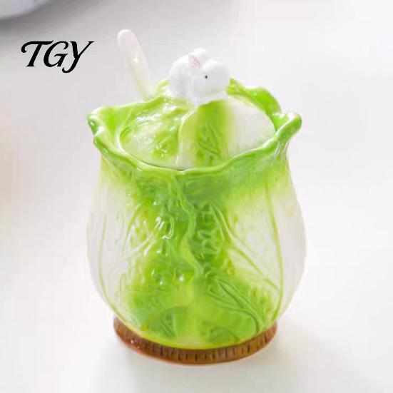 Novelty Vegetable Design Jar Ceramic Cabbage Shaped Lard with Lid Spoon, 350ml Kitchen Sealed Condiment Server for Restaurant Seasoning Container,