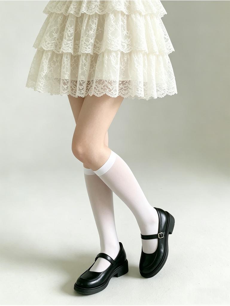 1/2 Pairs Women Black White Knee High Socks Uniform Style Solid Color Calf Socks
