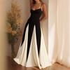 Neues französisches Colorblock Bodycon Spaghettiträgerkleid, Hoher Hals Taillenraffer Fließendes Maxikleid, Elegantes Party-Damenkleid