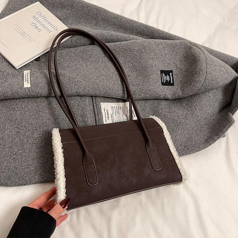 Lammwolle gespleißt Wildleder lange Handtasche Achsel kleine quadratische Tasche Retro PU Pendler Arbeit Umhängetasche