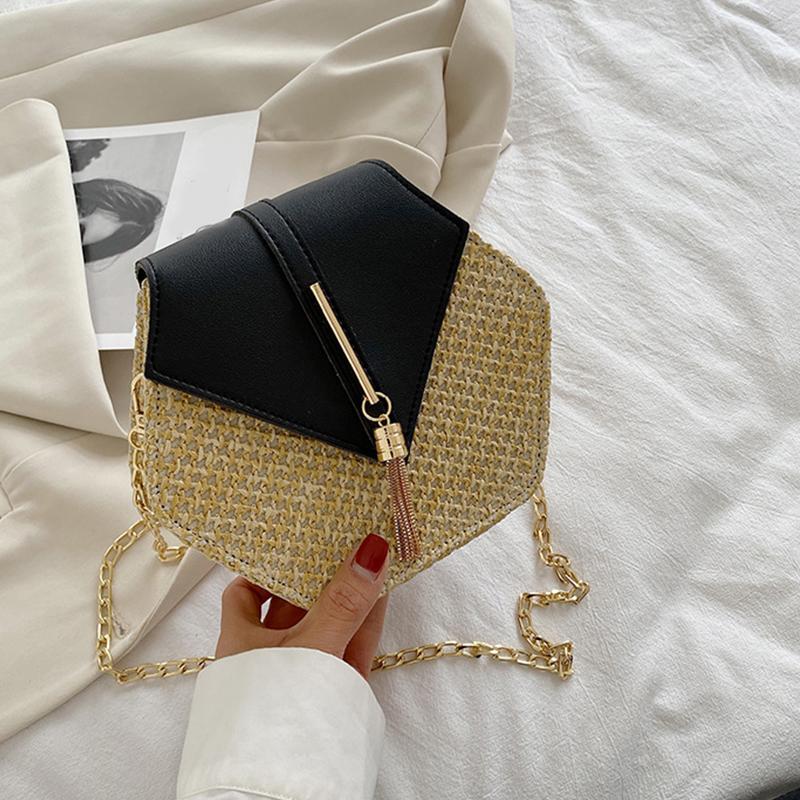 Women'S Bag Woven Hexagonal Bag Solid Color Single Shoulder Crossbody Bag Straw Bag Tassel Chain Crossbody Bag Quality
