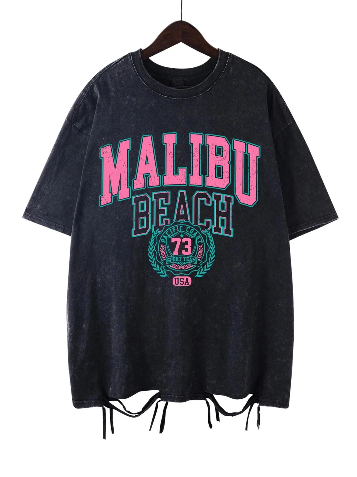 Malibu Beach Distressed Acid Washed Graphic Cotton Surf Tee Y2K XS-2XL 9 Colors L