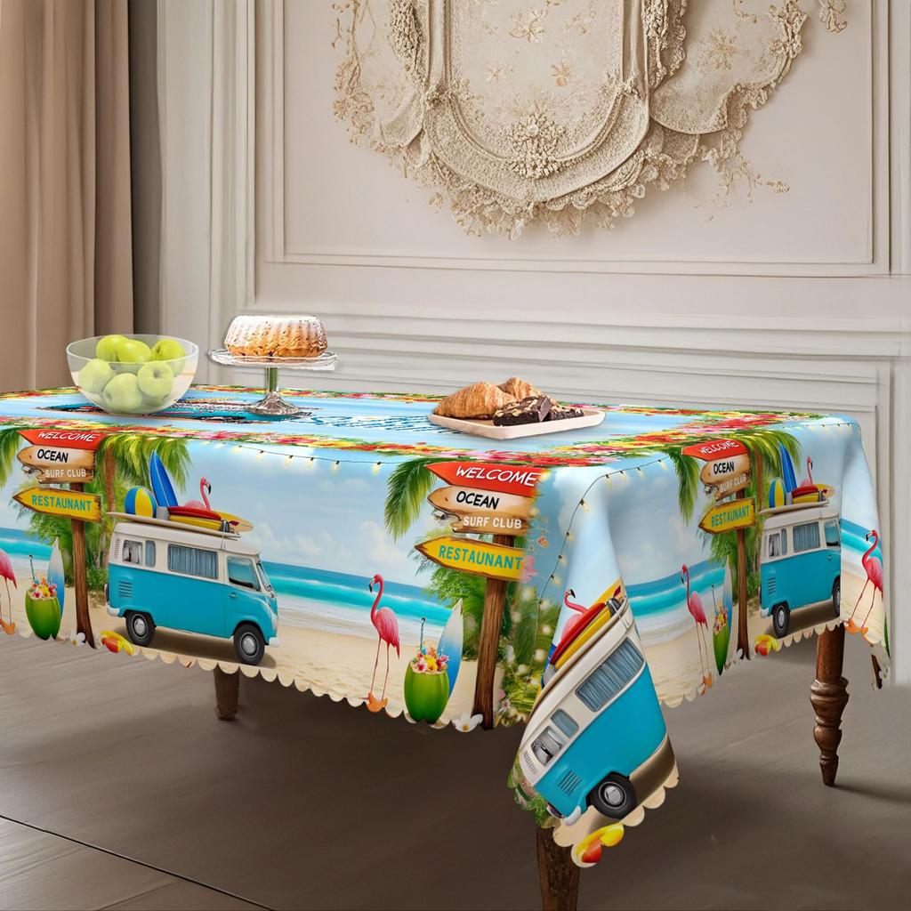 Hello Summer Seaside Round Table Cloth, Bus + Tropical Garland, Beach Resort Table Cloth