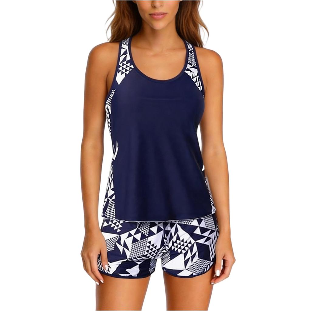 Women Two Piece Athletic Swimsuit Tank Top and Boyshorts Set with Printed Design Soft Fabric Quick Drying Swimwear for Outdoor Activities