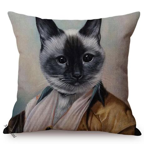 Cat Funky Portrait Style Sofa Decorative Throw Pillow Case Gentleman Animal Oil Painting Art Cotton Linen Cushion Cover Cojines