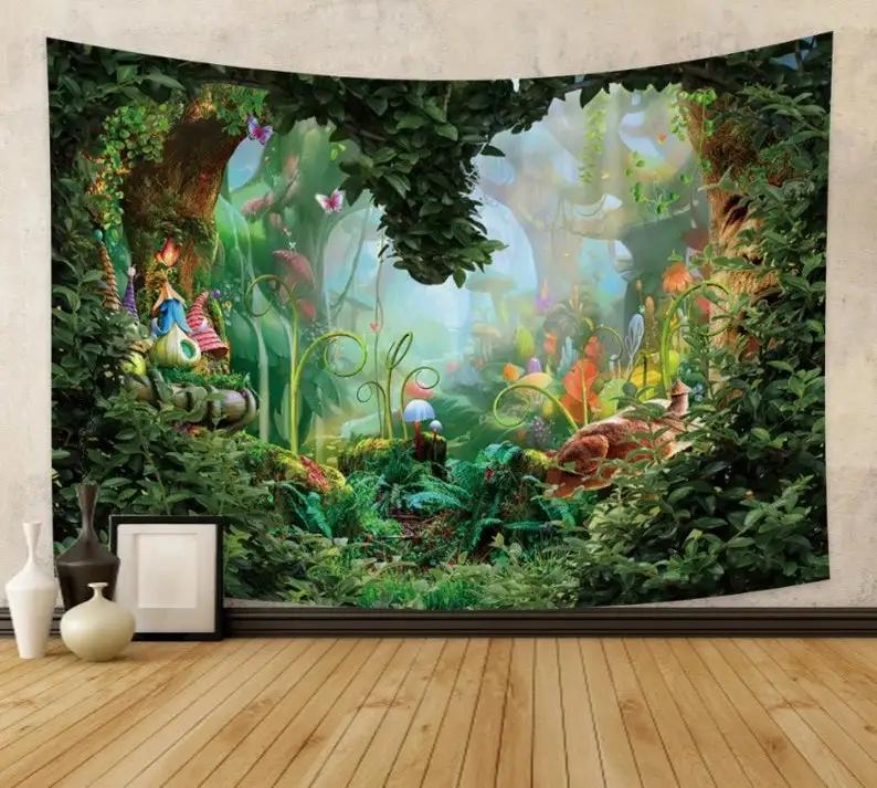 Magical Mushroom Village Tapestry  Whimsical Fantasy Wall Art Large Enchanting Home Decor Tapestry