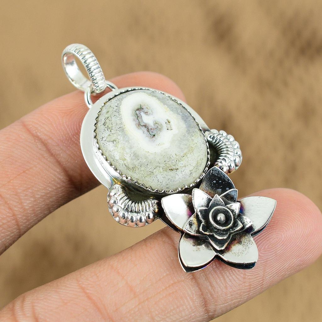925 Sterling Silver Natural Solar Moss Opal Mother Flower Unique Pendant Jewelry