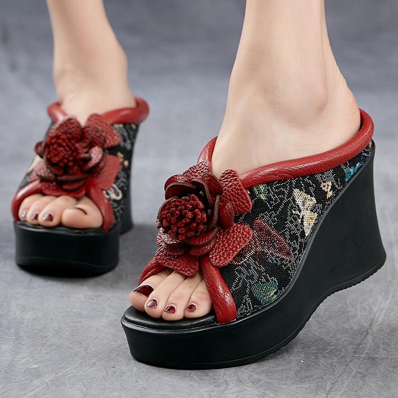 Fashion GKTINOO Ethnic Style Women Slippers Summer Embroider Flowers Wedges Open Toe Slippers Outside Genuine Leather Platform Slides