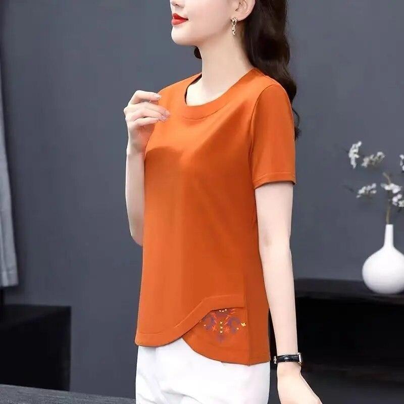Women's T-shirt Summer Short Sleeve Loose Pullover Solid Vintage Round Neck Embroidery Printing Fashion Elegant Plus Size Tops