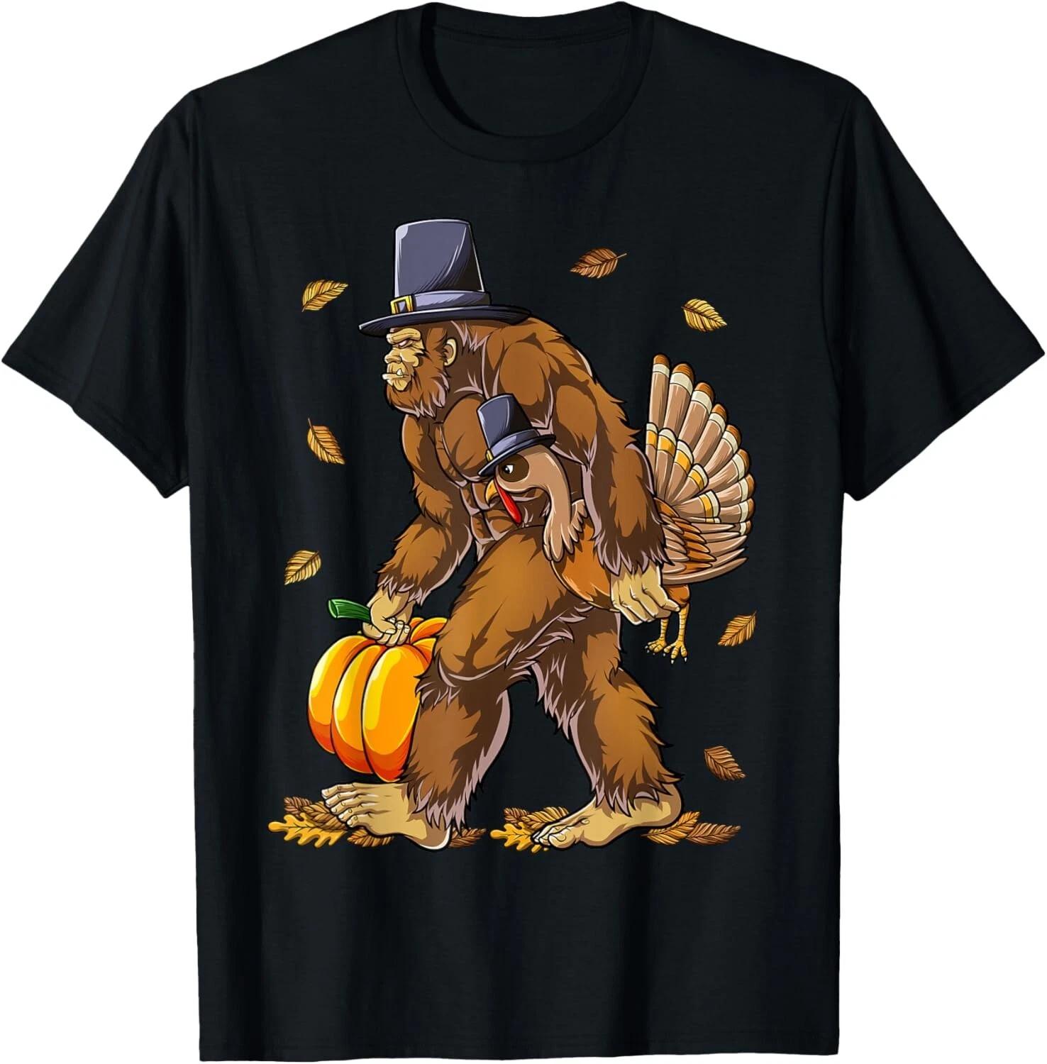 Bigfoot Pilgrim Turkey Pumpkin Thanksgiving Day Boys Men Tee Gift Unisex T-Shirt XL