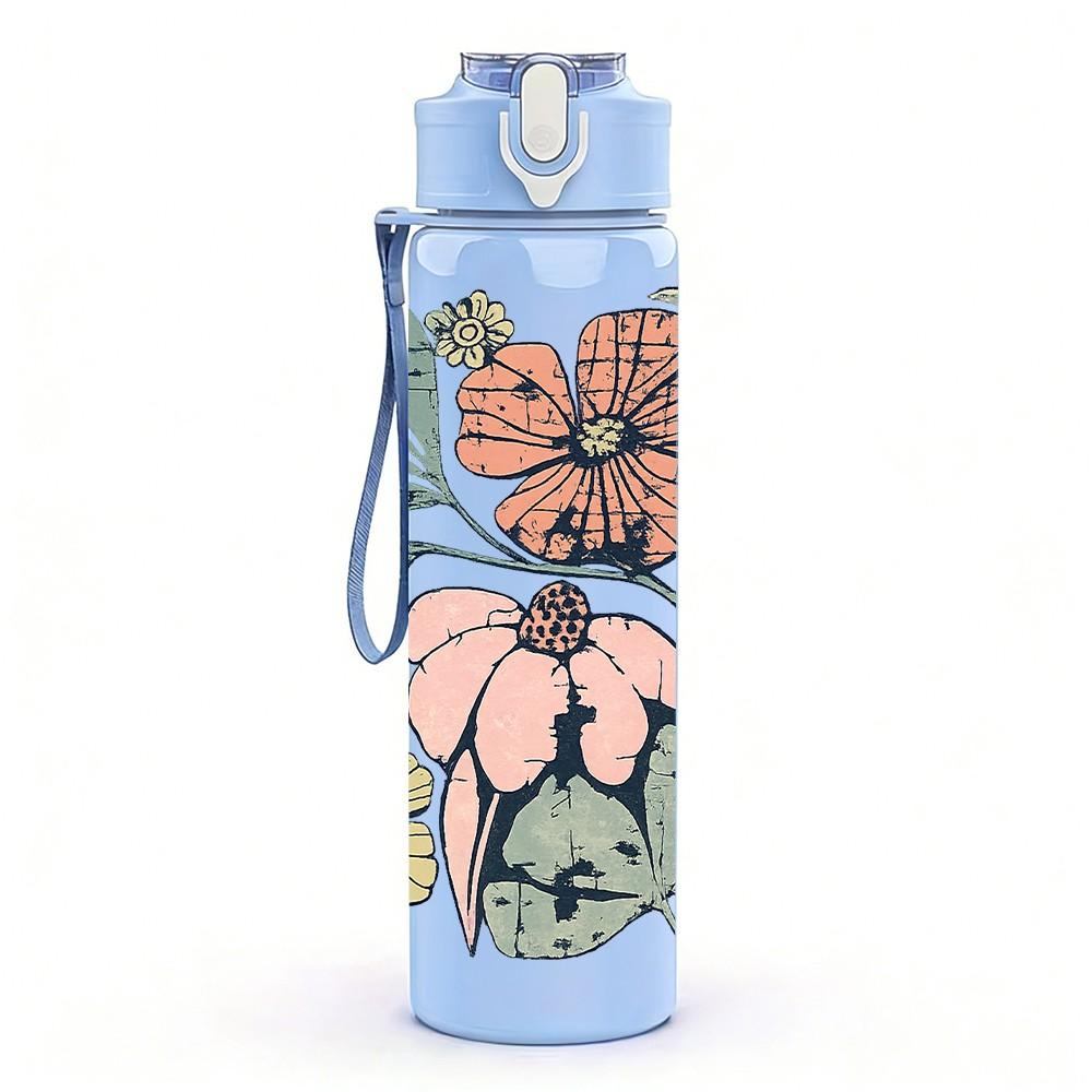 1PC Vintage Mixed Wild Flower Print 750ml Color Plastic Sports Water Bottle Leakproof Flip Straw Lid Suitable for Sports Office Home Use
