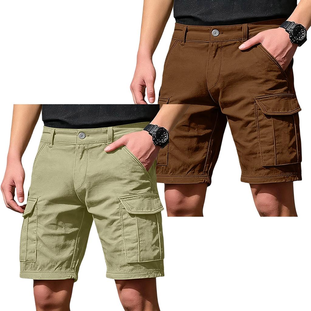 Men's Cargo Shorts 6 Pocket Elastic Waist Button Closure 2 Pack Casual Work Shorts