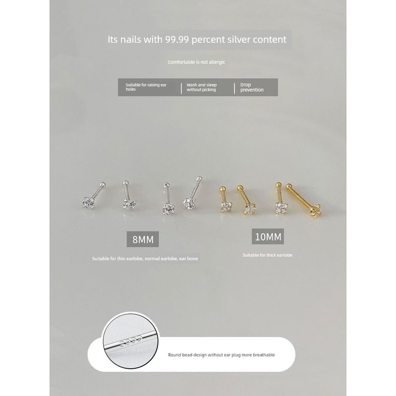 Evening S999 Sterling Silver Flash Diamond Ear Piercing Ear Stick Ear Studs Anti-Blocking Small Exquisite Wash Sleep No Need to Pick Earrings Earrings