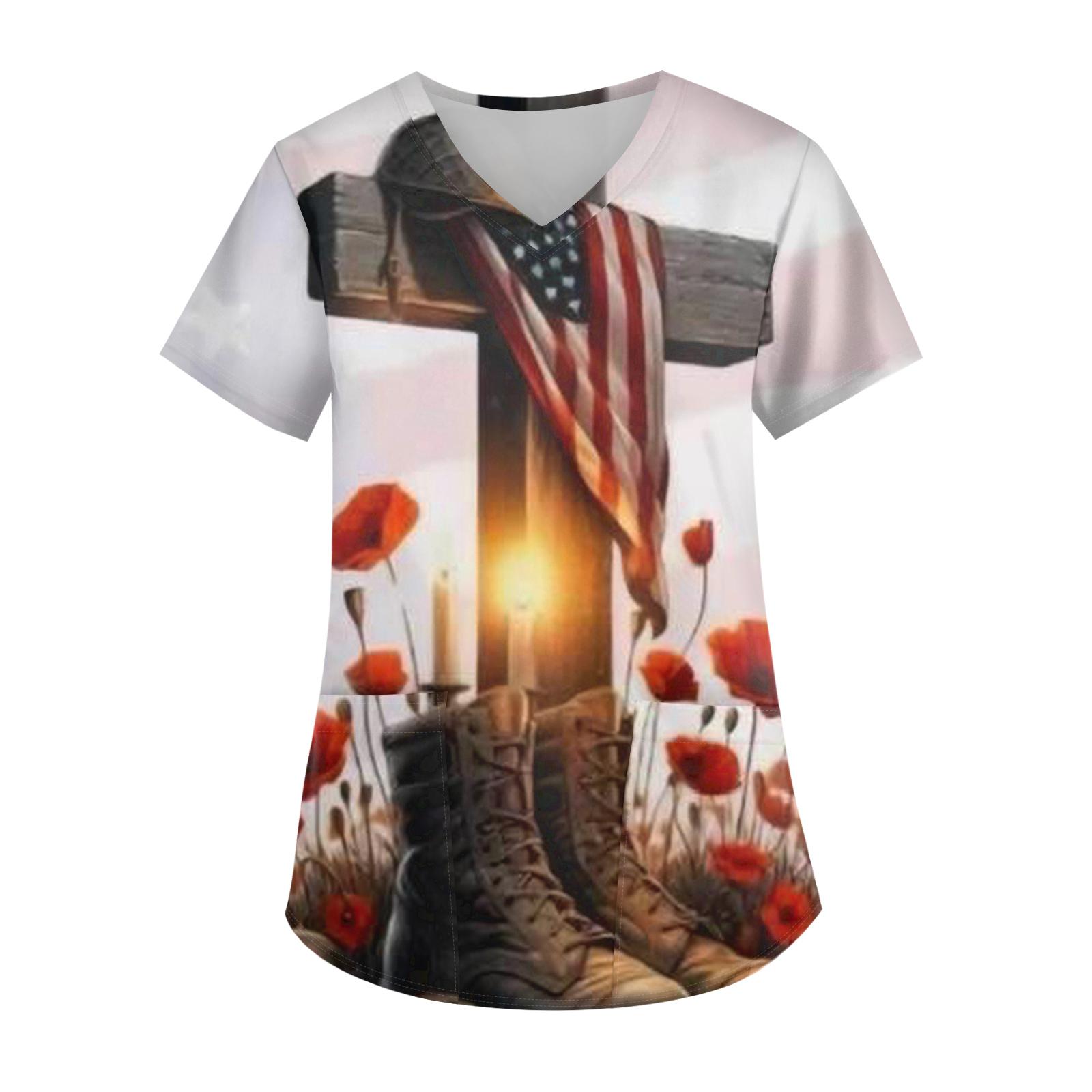 

Ladies Independence Day printed fashionable V-neck pocket short sleeved uniform and caregiver top XL білий