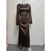 Women's Round Neck Long Sleeve Solid Colorwith Tie Back Elegant Long Dress 