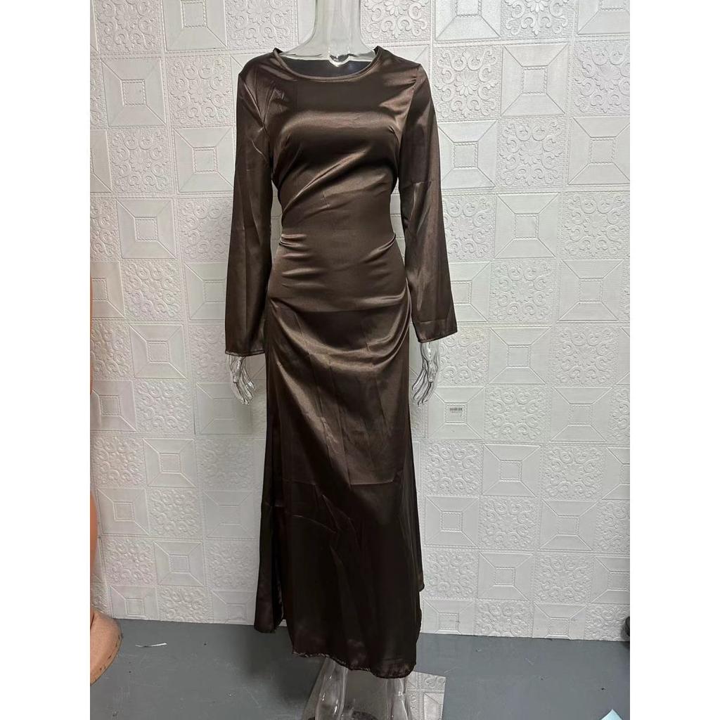 Women's Round Neck Long Sleeve Solid Colorwith Tie Back Elegant Long Dress 