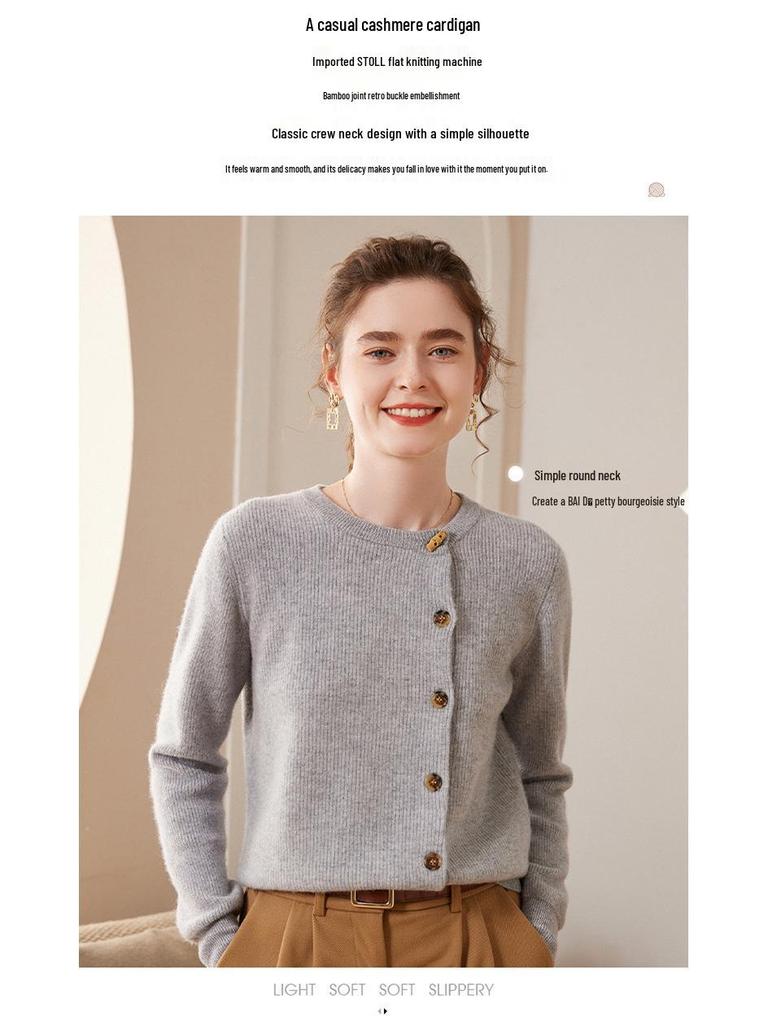 Damen Roter Kaschmir Rundhals-Cardigan - Unifarben, Seitenknopf, Locker, Figurschmeichelnde Strickoberbekleidung