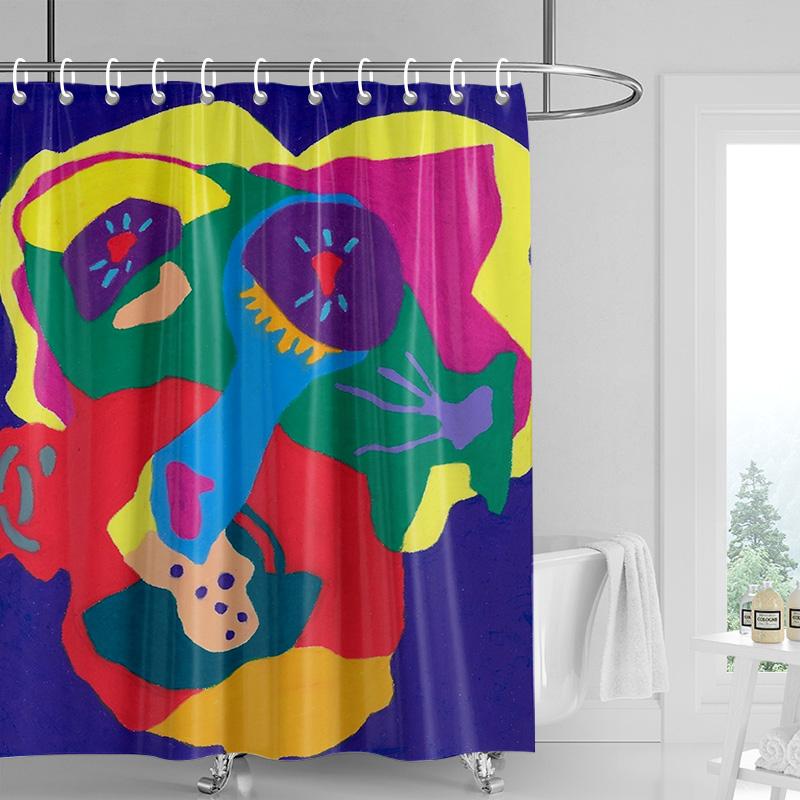 Abstract Handprint Shower Curtain - White with Colorful Geometric Shapes, Waterproof with Grommets, Modern Bathroom Decor
