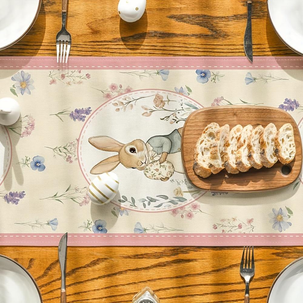 Easter Bunny Flowers Linen Table Runner Party Decor Farmhouse Retro Spring Pink Floral Dining Table Runners Easter Decorations