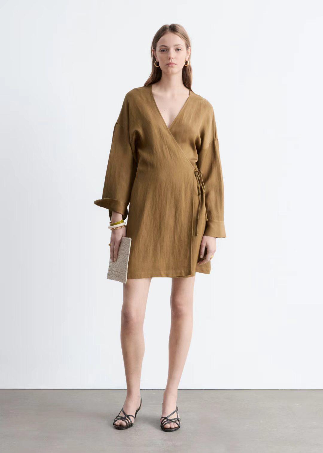 Autumn new hot-selling wrap skirt, early autumn V-neck crossed side strap loose long-sleeved short dress XS