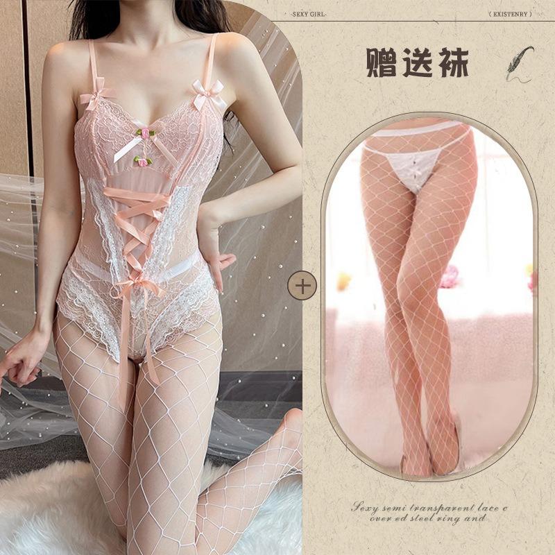 Sexy lingerie sexy lace seduction straps sweet candy-colored onesie hidden buckle open crotch uniform suspender set
