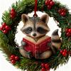 Cute Forest Fox/Raccoon Reading Ornament 2D Flat Acrylic Christmas Ornaments Woodland Animal Xmas Tree Decoration for Nature-Themed Holiday Decor