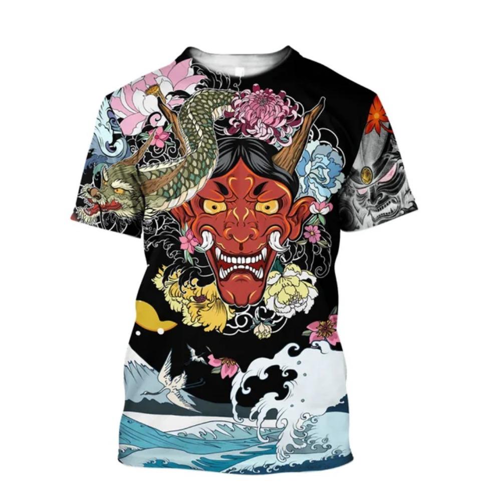 Japanese Harajuku Printing T Shirt For Men Fashion Samurai Mask Graphic T shirts Summer Leisure O-neck Pullover Oversized Tops