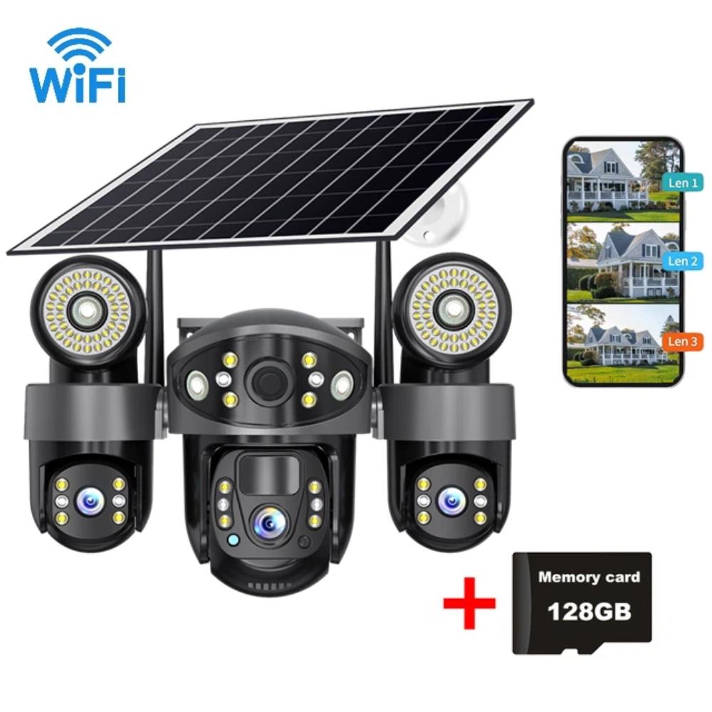 Kamera CCTV 2 w 1 zasilana energią słoneczną, potrójny obiektyw ze światłem LED do widzenia w nocy, bezprzewodowa kamera IP sieci WIFI/4G.