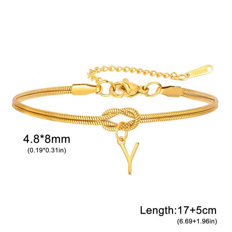 Stainless Steel 26-Letter Bracelet & Anklet with Double-Layer Knotted Snake Bone Chain