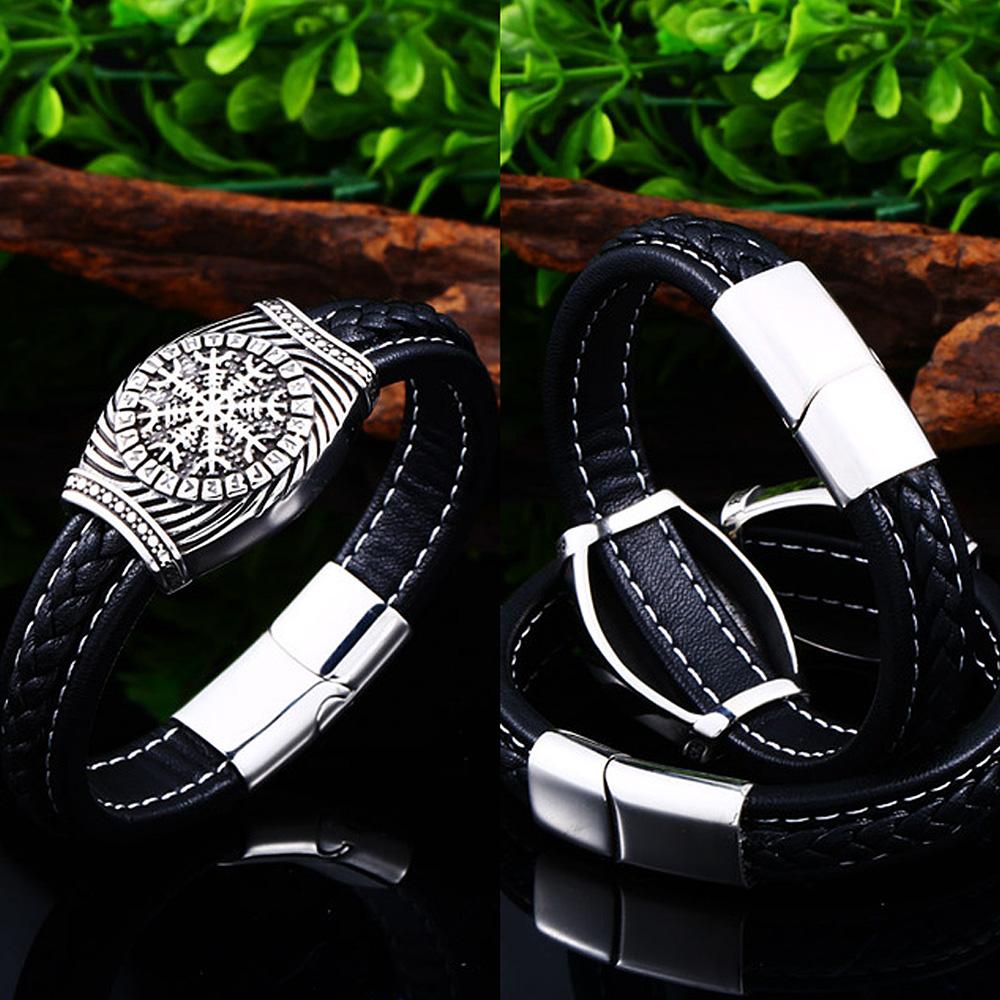 Bracciale runico vichingo da uomo in acciaio inossidabile 316L, stile nordico, con bussola di Odino, ideale come gioiello regalo per motociclisti.