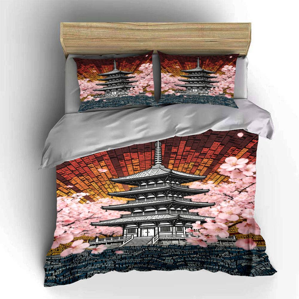 Pagoda and cherry blossoms. Bedding sets Duvet cover sets Duvet covers Pillowcases(1 * Duvet Cover 2 * Pillowcases, without duvet insert)
