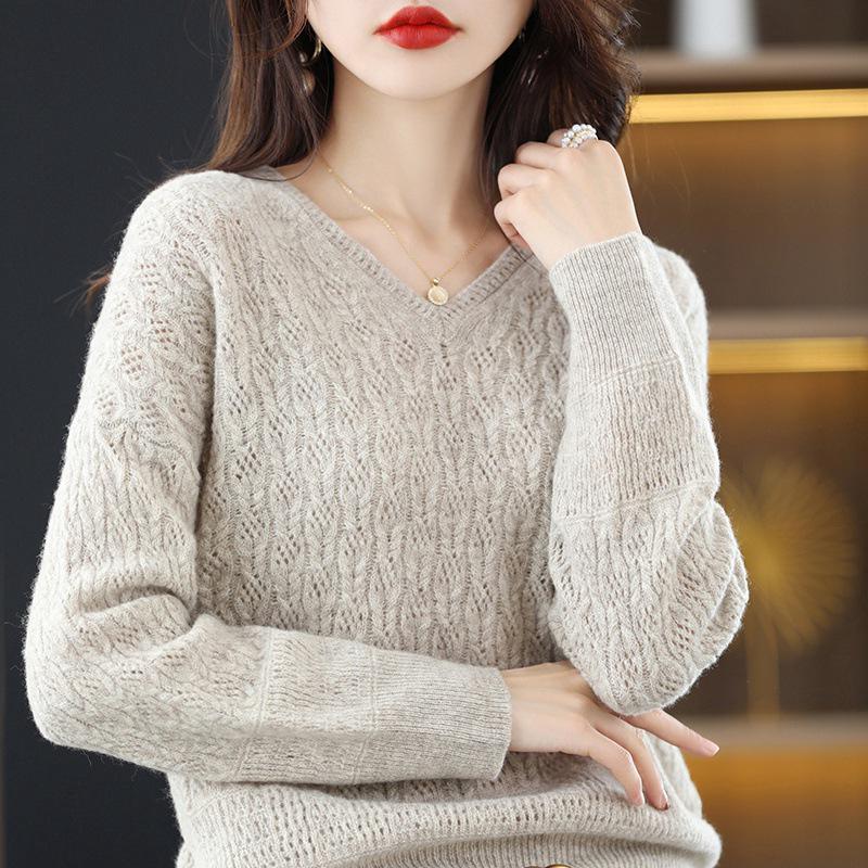 Women's Cashmere Loose Knit Sweater V2023 - Hollow-Out Pullover with Pure Wool Collar