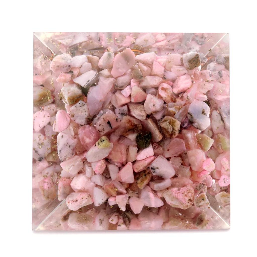 [GOLD STONE] Natural Orgonite Pyramid with Single Quartz Crystal, Spiritual Item, Approximately 65-70mm Wide, Pink Opal