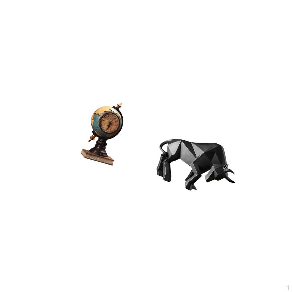 Bull Figurine Statue Collectible Resin Table Clock Ornament for Office Shelf Bedroom Cabinet