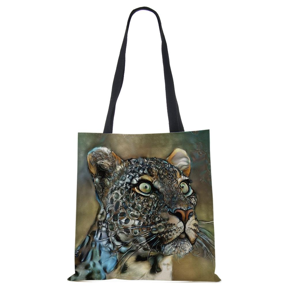 Spaudinys ant drobės nešiojamas ant peties krepšio leopardo pelėda, daugkartinio naudojimo laisvalaikio pirkėjo rankinė 2022 m. Moterų kelionių mokyklos sulankstomi paplūdimio krepšiai