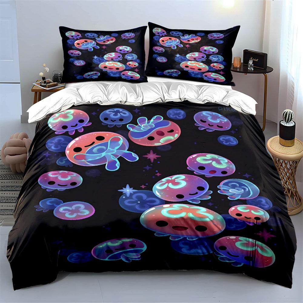 Cute Jellyfish Floating in Night Sky Print Bedding Set 1 Duvet Cover 2 Pillowcases for Adult and Children Luxury Gift Full Size