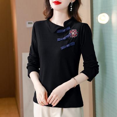 Damen Auslands-T-Shirt, Herbstkleid, Chinesisches Mutter-Oberteil, Nationalstil, Langärmeliges Unterhemd, Samt-Schnalle